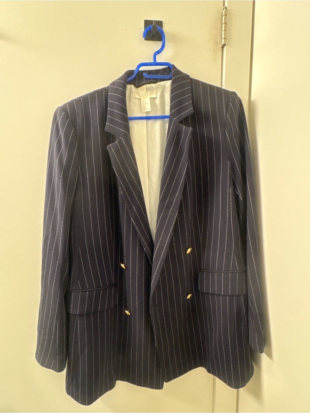 H&M Womens Navy Pinstripe Double-Breasted Blazer - Gold Button Detail